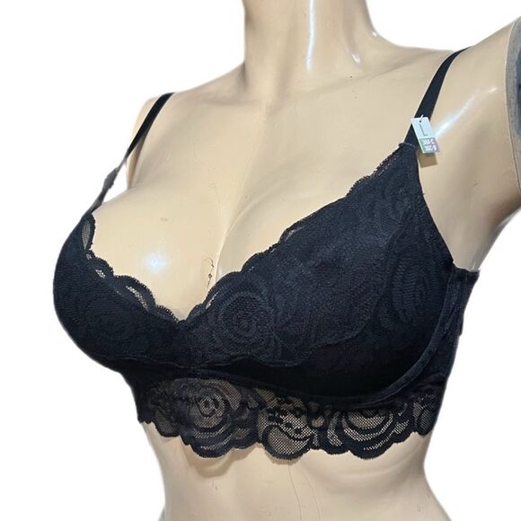 Victoria’s Secret PINK Underwire Unlined Lace Bralette Bra Black Large - Picture 2 of 4